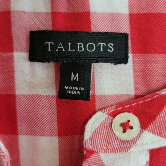Talbots | Red White Checkered Plaid Popover Band-Collar Shirt Size Medium - Picture 4 of 6
